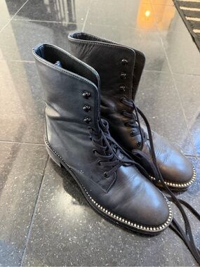 Stuart Weitzman Black Lace-Up Stud-Trim Combat Boots